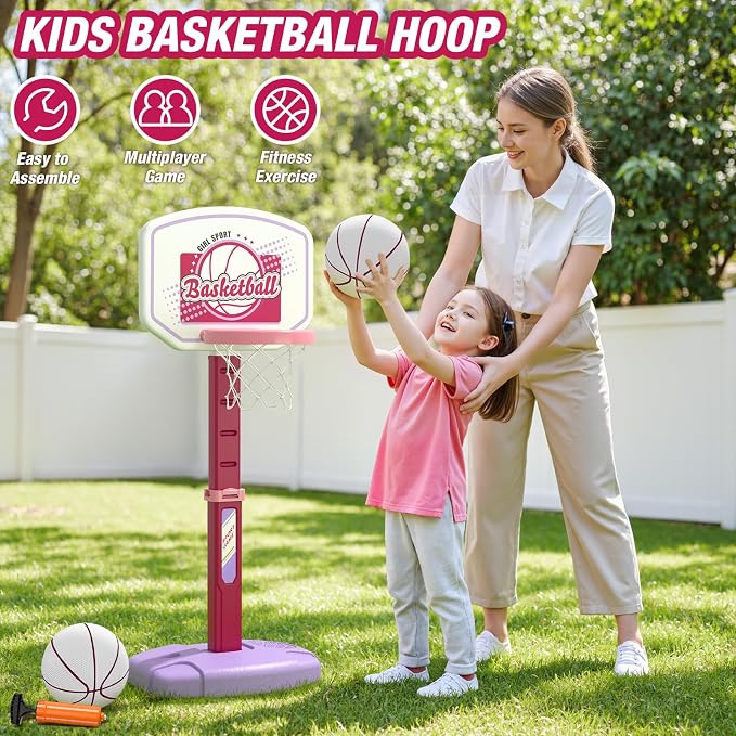 HYES 2 in 1 Kids Basketball Hoop and T Ball Set - Adjustable Height, Kids Baseball Tee with Automatic Pitching Machine, Indoor Outdoor Sport Toys Gifts for Toddler Boys Girls Age 1-5, Pink