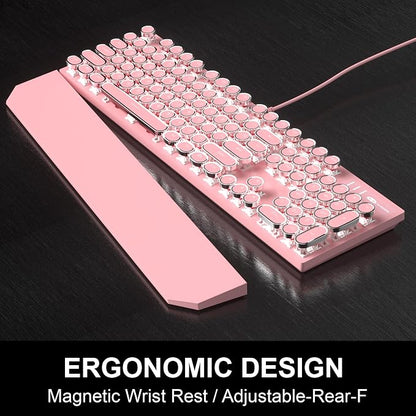 Retro Pink Typewriter-Style Keyboard and Mouse Combo, Cute Light Up Wired Mechanical Keyboard with Linear Red Switches, Full Size for Gaming, Work, Mac, PC, Windows