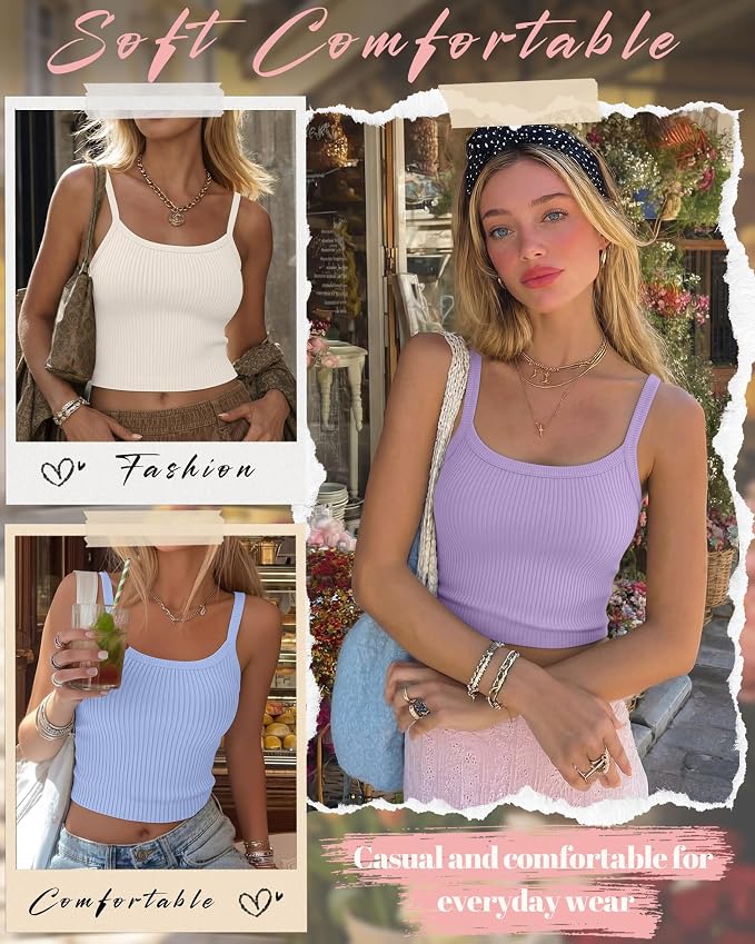 Ficerd 3 Pack Women's Tank Tops 95% Cotton Spaghetti Strap Ribbed Crop Camisole Slim Fitted Basic Summer Sleeveless Layer