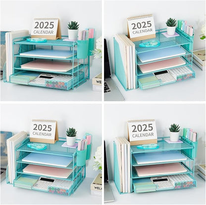 OPNICE Desk Organizer, 4-Tier Desktop File Organizer with Drawer and Pen Holders, Office Desk Accessories, File Sorters, Workspace Organizers for Office Supplies(Teal Blue)