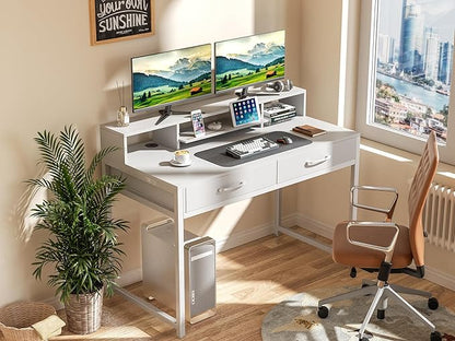 Computer Desk with Drawers, 47" Home Office Desk with Monitor Shelf, Writing Desk with Storage, Gaming Desk Work Desk Study Desk for Bedroom, White