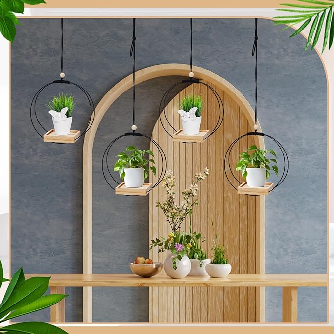 Geelin 4 Pack Plant Hanger with Wood Base Hanging Window Planter Boho Macrame Hanging Potted Plant Holders for Indoor Outdoor Window Wall Ceiling Home Decoration, Pot & Sapling Not Included (Khaki)