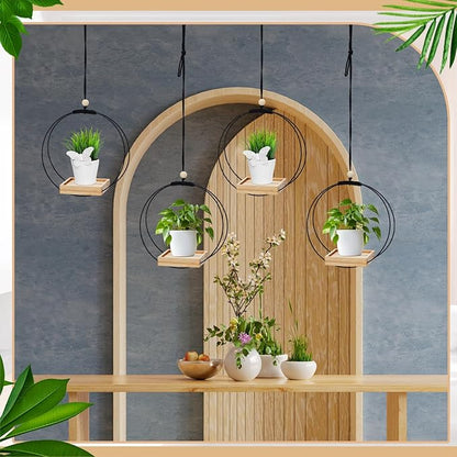 Geelin 4 Pack Plant Hanger with Wood Base Hanging Window Planter Boho Macrame Hanging Potted Plant Holders for Indoor Outdoor Window Wall Ceiling Home Decoration, Pot & Sapling Not Included (Khaki)