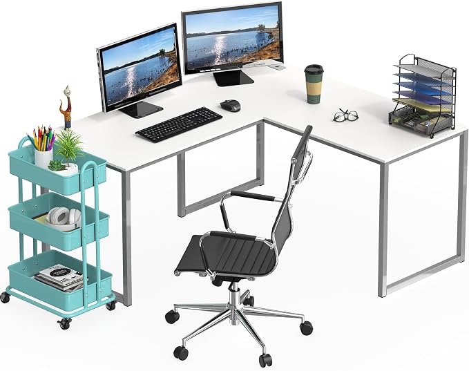 SHW Mission 55 x 60 L-Shape Home Office Computer Desk, White | Reversible Desktop Design