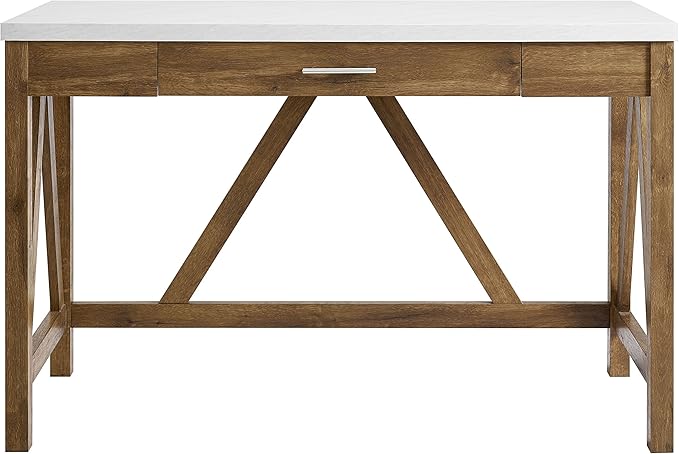 Walker Edison Rustic Farmhouse Wood Computer Writing Desk Home Office Workstation Small, 46 Inch, Marble and Walnut