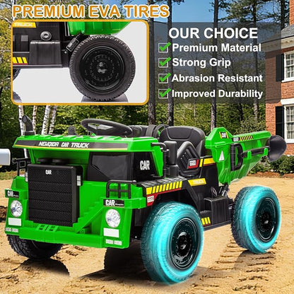 NEWQIDA 24V Ride on Dump Truck, Kids Electric Car with Remote Control, Ride on Construction Vehicles w/Electric Dump Bed, Shovel, 2x75W Powerful Motors, Up to 4.4Mph, EVA Tires, Soft Start, Green