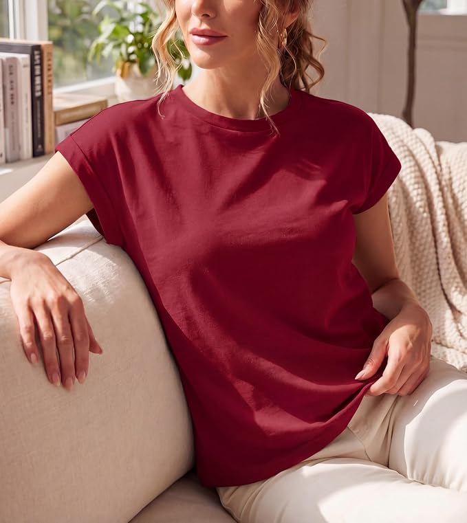GRECERELLE Womens Summer Tops Cap Sleeve Crew Neck Basic T-Shirt | Everyday Casual Wear, Layering Friendly, Wrinkle-Resistant, Business Casual Ready, Lightweight & Packable, Capsule Wardrobe