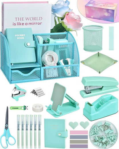 Green and Blue Desk Accessories, 26Pcs Office Supplies and Desk Organizers, with Tape Dispenser, Stapler, Staple Remover, Ect, Gift Box Packaging