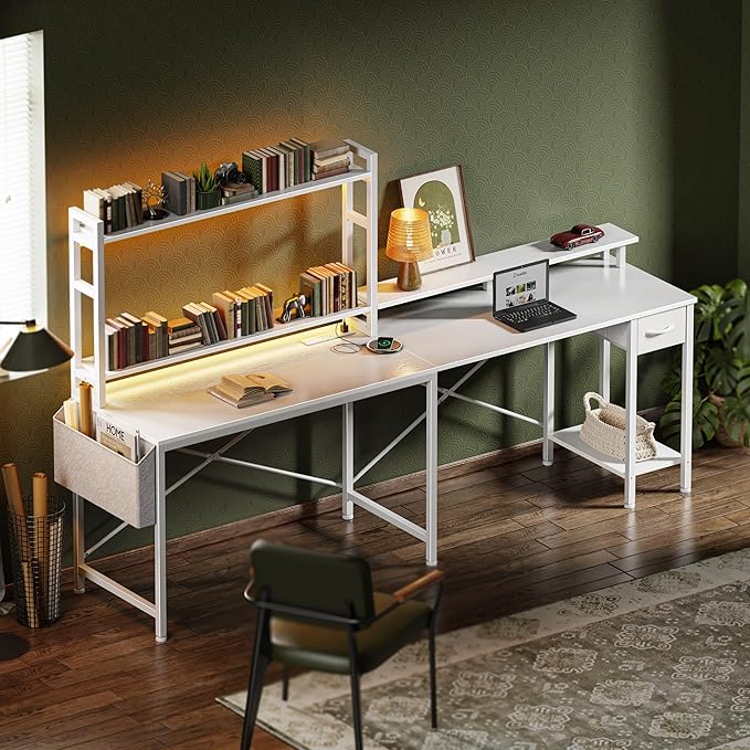 L Shaped Desk Gaming Desk with LED Lights & Power Outlets, Computer Desk with Storage Shelves, Corner Desk Home Office Desks for Bedroom, White