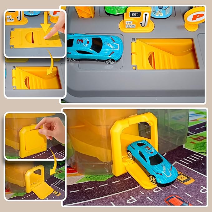 Toy Car Track Storage Playset - Toddler Toys 3-4, Car Toys Race Set with 12 Diecast Cars, City Play Mat, Race Ramp, Portable Storage Bucket - Birthday Gift Toys for 3 4 5 Year Old Kids Boys