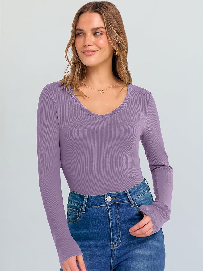 ANRABESS Long Sleeve V Neck Shirts for Women | Soft Comfy Ribbed Knit Fitted Tshirts, Casual Going Out Tops, 2026 Trendy Basic, Fall Winter Underscrub Layering Clothes