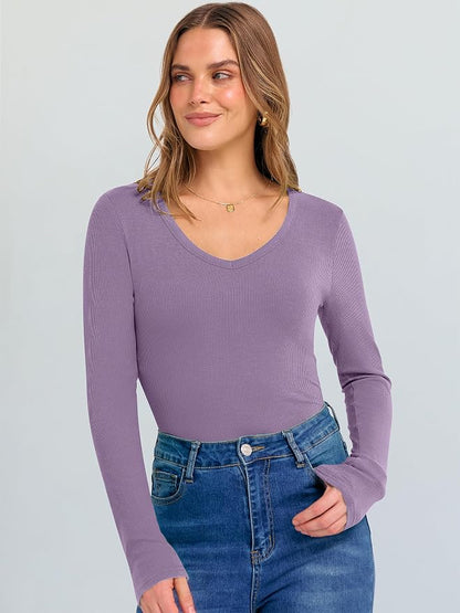 ANRABESS Long Sleeve V Neck Shirts for Women | Soft Comfy Ribbed Knit Fitted Tshirts, Casual Going Out Tops, 2026 Trendy Basic, Fall Winter Underscrub Layering Clothes