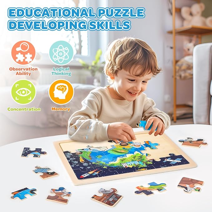 Puzzles for Kids Ages 4-6, 4 Packs 24 Pcs Wooden Jigsaw Puzzles for Toddlers Ages 2-4, Preschool Educational Map Puzzle Toys Gifts for 3 4 5 6 Boys Girls