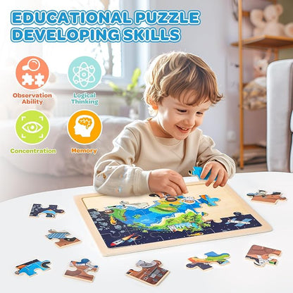 Puzzles for Kids Ages 4-6, 4 Packs 24 Pcs Wooden Jigsaw Puzzles for Toddlers Ages 2-4, Preschool Educational Map Puzzle Toys Gifts for 3 4 5 6 Boys Girls