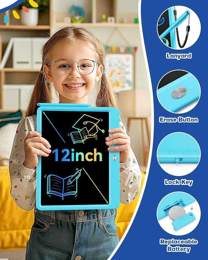 Bravokids 12 Inch LCD Writing Tablet for 3 Year Olds - Electronic Drawing Pad and Doodle Board as Educational Birthday Gifts for Girls and Boys (Blue)