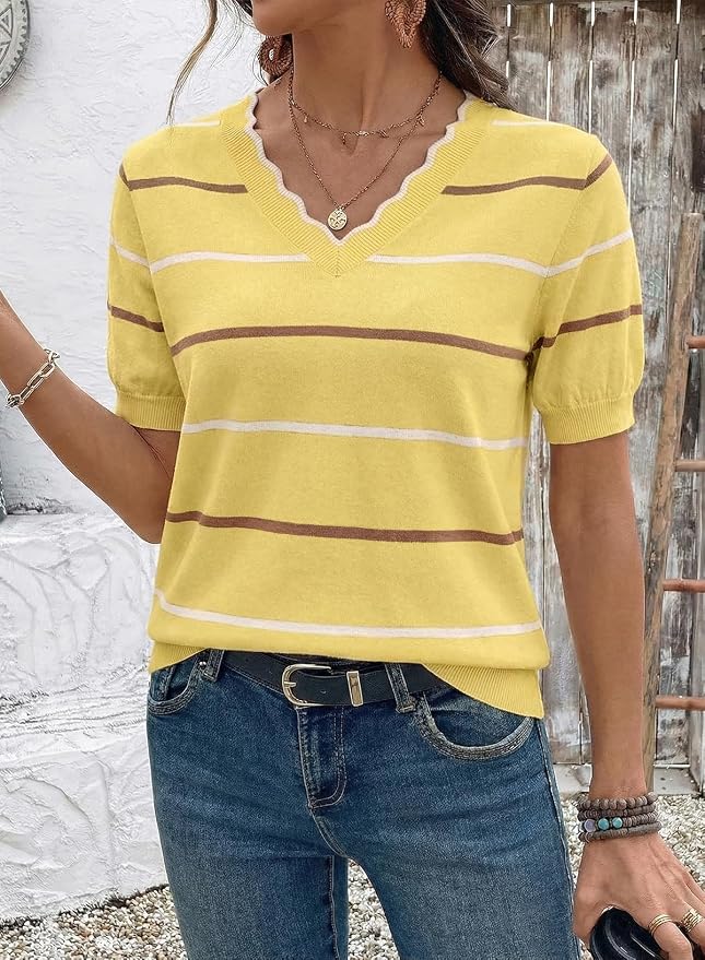 Dokotoo Womens Summer Short Sleeve Knit Tops 2026 Spring Trendy Casual V Neck Striped Sweater Blouses