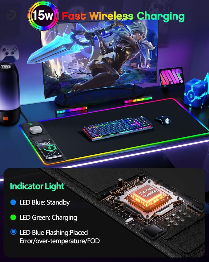 Wireless Charging Mouse Pad with Phone Stand, 31.5"x15.8" Large | Gaming Mousepad RGB Desk Mat, Smooth Glide, Stitched Edge, Non-Slip Rubber Base, Waterproof Keyboard Mat, with Adatper