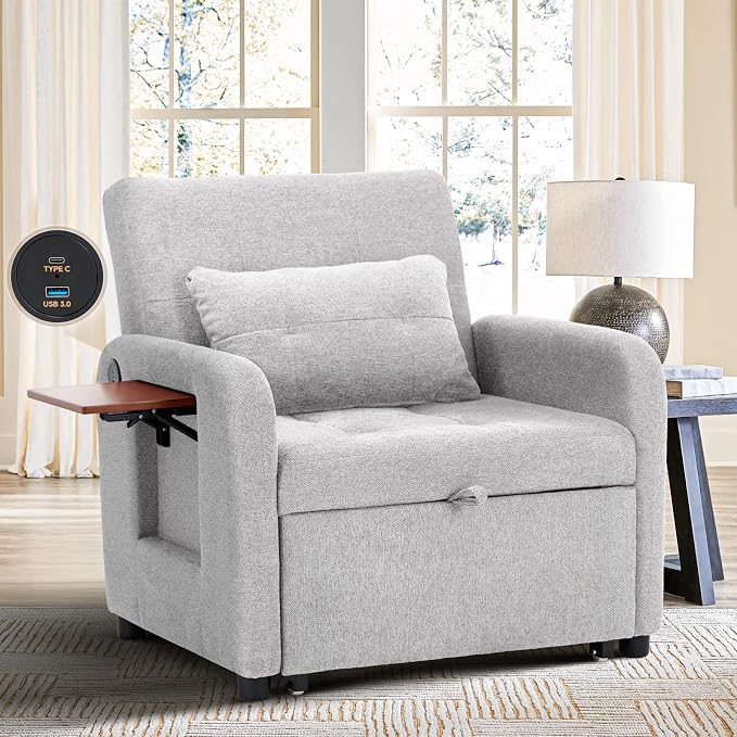Convertible Sleeper Chair-Fabric Futon Sofa Bed, Single Sleeper Sofa, Small Couch Bed with USB Port, Foldable Table, Pillow, Adjustable Backrest for Dorm/Bedroom/College Lightgrey