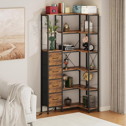 AFLUI 6-Tier Corner Bookshelf with LED and 4 Fabric Drawers | Corner shelf with left/right short side; LED light for home office, bedroom, living room