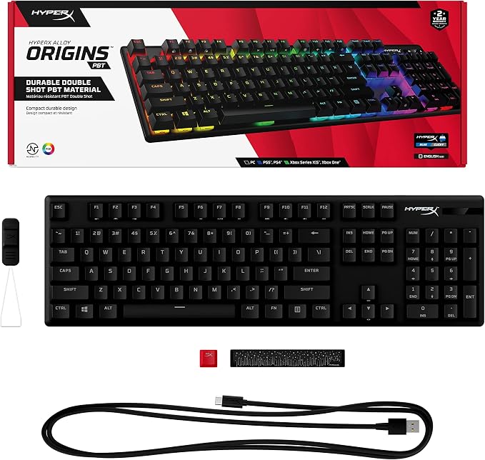 HyperX Alloy Origins PBT - Mechanical Gaming Keyboard, Keycaps, RGB Lighting, Compact, Aluminum Body, Adjustable Feet, Customizable with NGENUITY, Onboard Memory Clicky Switch, Black