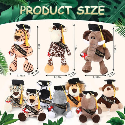 HyDren 10 Pieces 9 Inches Graduation Safari Stuffed Animals Set Plush Safari Stuffed Animal Elephant Giraffe Lion Tiger Monkey Rhinoceros Zebra Leopard Hippo for 2026 Graduation Party Favors Gifts