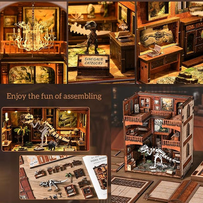 DIY Book Nook,with LED Light Bookshelf Decor, DIY 3D Wooden Dollhouse Puzzle, Craft Kit for Adults (Fossil Museum)