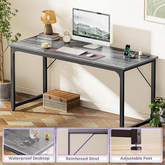 PRAISUN 63 X 24 Inch Computer Desk, Power Outlets, USB-C, Grey | Office Desk with 4 AC Outlets, USB & USB-C, Sturdy Metal Frame, Spacious Desktop for Work, Writing, Study & Gaming