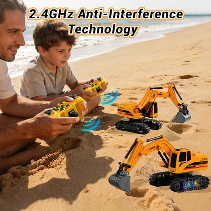 Remote Control Excavator Toy 12-Channel Mini RC Excavator with 2 Batteries & Metal Bucket Lights Sounds RC Digger Construction Vehicles Toys for Boys 3+ Years Old