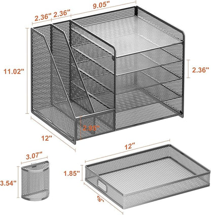 Marbrasse 5-Tier Paper Letter Tray Organizer with Drawer and Pen Holder, Mesh Desktop Organizer and Storage with Magazine Holder for Office Supplies (Grey)