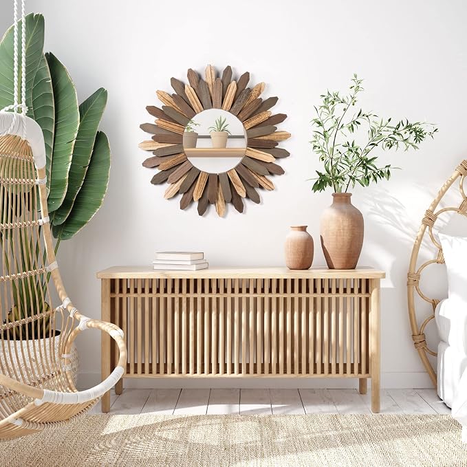 Honiway Boho Wall Decor 21 inch Wall Mirror Rustic Wood Decorative Mirror for Room Decor Rustic Home Decor Farmhouse Wall Decor at Living Room Bedroom Bathroom Hallway Trilcolor