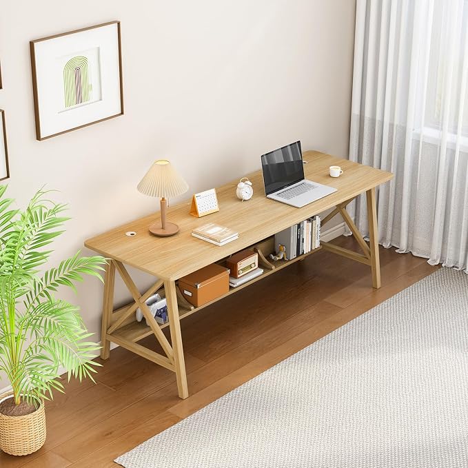 NELYE Extra Long Writing Desk with Bookshelf, 63" Wx24 Dx30 H, Oak | Wooden Home Office Work Study Table, Computer Gaming Workstation with Storage Shelf, Sturdy MDF Resists Wobble