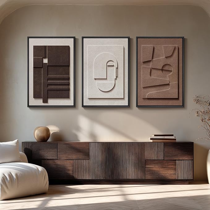 Large 3D Textured Framed Neutral Abstract Wall Art for Living Room, 3 Piece Modern Artwork for Walls, Minimalist White and Brown Geometric Wall Paintings for Hallway, Stair, Office Wall Decor 24x36 In