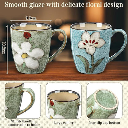 Maxdot 2 Pcs 12oz Ceramic Coffee Mugs Sets Glazing Process Cappuccino Mug Floral Ceramic Tea Cups Idea Gift Set for Women Porcelain Cup for Coffee, Cocoa, Tea, Latte (Retro) (Fresh)