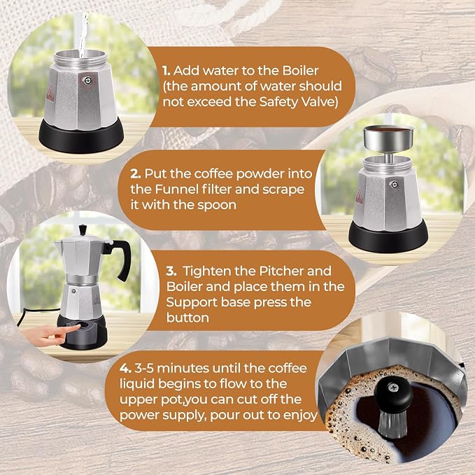 Electric Aluminum Moka Pot 3-6 Cup 150-270ml Espresso Maker | with Detachable Base Ideal Coffee Makers for Home MochaPot Italian and Cuban Café Coffeemaker Espressomaker CoffeePot Silver