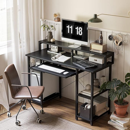 BANTI 47 Inch Computer Desk with Storage Shelves Monitor Stand Keyboard Tray, Home Office Desk, Study Writing Table, Black