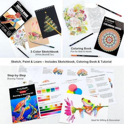 KALOUR PDAS 127 Drawing Set Sketching Kit, Pro Art Supplies with 3-Color Sketchbook & Coloring Book, Neon, Colored, Watercolor, Metallic, Graphite, Charcoal Pencils, Gift for Artists Adults Teens