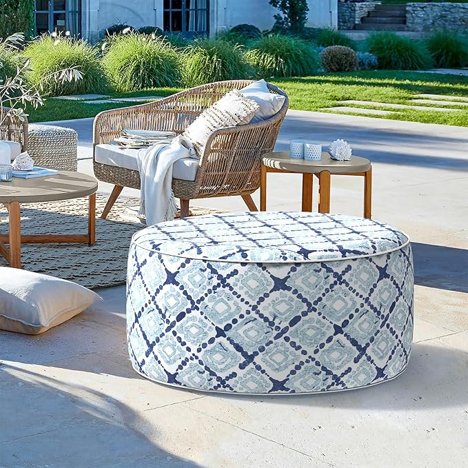 LVTXIII Outdoor Inflatable Ottoman, Fade-Resistant Round Footrest Stool D31”x H14”, Portable Patio Pouf for Garden Camping or Home Use, Boho Geometry Blue
