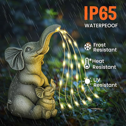 Solar Garden Outdoor Statue with 30 LED Lights - Lawn Decor Elephant Figurine for Patio, Balcony, Yard Ornament - Unique Housewarming Lucky Elephant Mother Gift