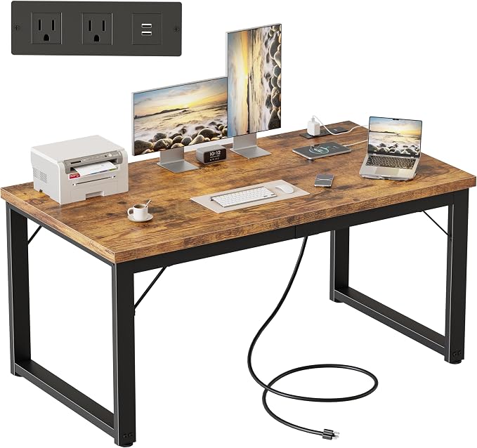 Mericonia 48 Inch Computer Desk with Power Outlets, 1.2" Thick Office Table | Modern Simple Style, Heavy Duty Industrial Frame, Small Study & Writing Table for Home Bedroom Work, Brown