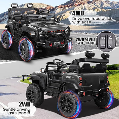 Hikole 24V Ride on Car with Remote Control, 2 Seater Electric Car for Kids w/20 Inch Wide Seat, 4x100W Motor, LED Headlight & Music Player, Power Car Wheels Ride on Toys for Boys Girls, Black