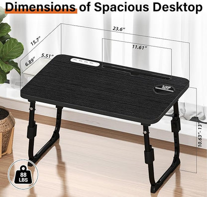 Lap Desk for Bed, Adjustable Laptop Desk with USB Charging Port, Storage Drawer & Bookshelf — Foldable Bed Desk for WFH & Students, 23.6" Desktop Fits 17" Laptop, Non-Slip, Black