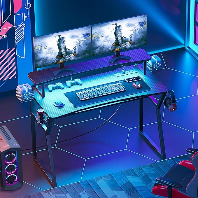 Gaming Desk with Power Outlet&Led Lights, Computer Desk with Monitor Stand and Open Shelf,Gamer Table Workstation with Cup Holder, Headphone Hook, 2 Speaker Stand for Home Office