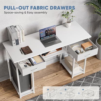 DUMOS 48-Inch Computer Desk with Drawers, Hook and Side Bag, White | Home Office Desk for Bedroom, Gaming Writing Study Desk with Adjustable Feet