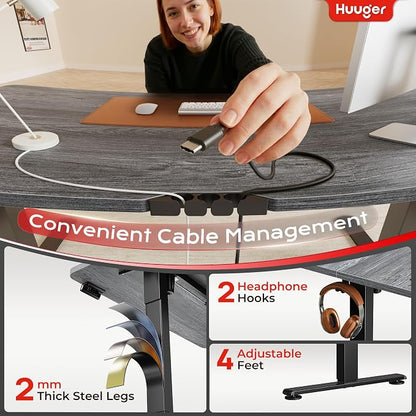 Huuger Electric Standing Desk with Power Outlets and USB-C Port, 47 X 24 Inch Height Adjustable Desk, Sit Stand Desk for Home Office, Computer & Gaming Desk with 4 Presets, Stable Steel Frame, Grey