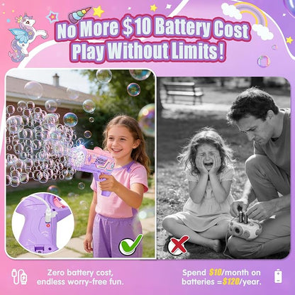Rechargeable Unicorn Bubble Gun, Unicorn Toys for Girls Age 4-6, Outdoor Toys Bubble Machine, 3 4 5 6 7 8 9 10 11 12 Year Old Girl Gifts, Easter, Birthday, Summer, Wedding, Party Favors, Halloween