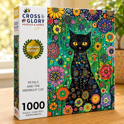 Cross & Glory | 1000 Piece Jigsaw Puzzles for Adults | Petals and The Midnight Cat | 1000 Piece Puzzle for Adults Cats & Floral | Satin Finish | Ages 14+