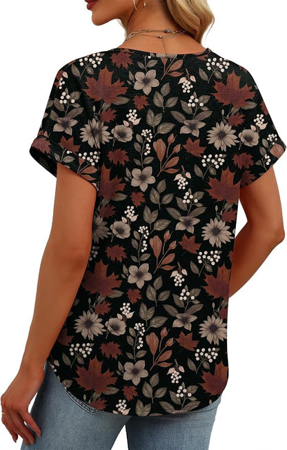 Womens Tops Dressy Casual V Neck Rolled Sleeve T Shirts Fashion Clothing Business Casual Outfits Beach Vacation Clothes