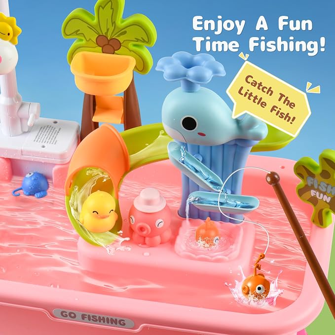 2026 Upgraded Toddler Sand Water Table Toy with Electric Water Pump, Kids Sand Water with Faucet/Play Food Accessories/Fishing Toy, Kitchen Play Sink Toys for Girl Boy Age 3+ (Pink)