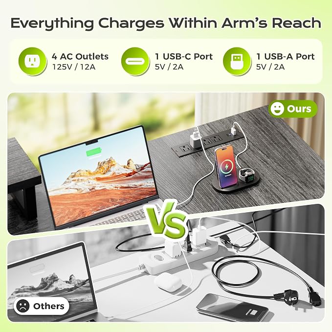 PRAISUN 53" L Shaped Computer Desk, Power Outlets, Monitor Stand, Grey | USB-C Ports, Reversible Charging Station, Spacious Desktop & Legroom, 0.94 Inch Thick Desktop, for Gaming, Study & Work