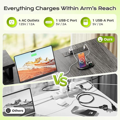 PRAISUN 53" L Shaped Computer Desk, Power Outlets, Monitor Stand, Grey | USB-C Ports, Reversible Charging Station, Spacious Desktop & Legroom, 0.94 Inch Thick Desktop, for Gaming, Study & Work